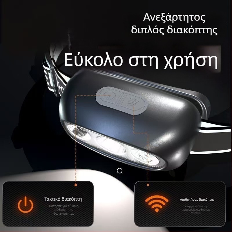 LED φακός κεφαλής για ψάρεμα, επαναφορτιζόμενος, LED φωτισμός, βάρος περίπου 40 g, αναπνέουσα ελαστική ζώνη κεφαλιού