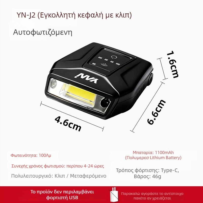Λάμπα καπέλου με κλιπ για νυχτερινό ψάρεμα, COB LED, επαναφορτιζόμενη μπαταρία 1100 mAh, τοποθετείται στο καπέλο, εμβέλεια έως 50 μ