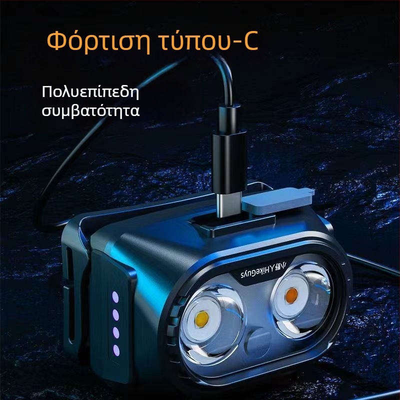 Φακός κεφαλής με υπερφωτεινό LED, επαναφορτιζόμενος, τρεις πηγές φωτισμού, 5W, μπαταρία 800–1200 mAh