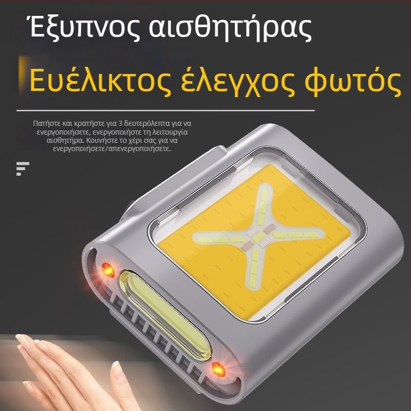 Φως κλιπ για καπέλο με δυναμικό αισθητήρα, επαναφορτιζόμενο LED, αδιάβροχο, μπαταρία 500 mAh, εμβέλεια 100–200 m