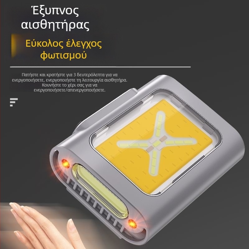 Φως κλιπ για καπέλο με δυναμικό αισθητήρα, επαναφορτιζόμενο LED, αδιάβροχο, μπαταρία 500 mAh, εμβέλεια 100–200 m