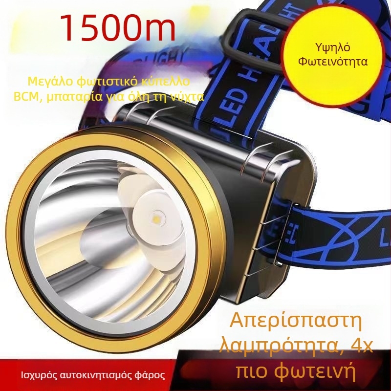 Επαναφορτιζόμενος LED φακός κεφαλής για νυχτερινό ψάρεμα, COB LED, στερεώνεται στο κεφάλι, 30–40W, μακρινή δέσμη, τροφοδοσία με κινητική ενέργεια