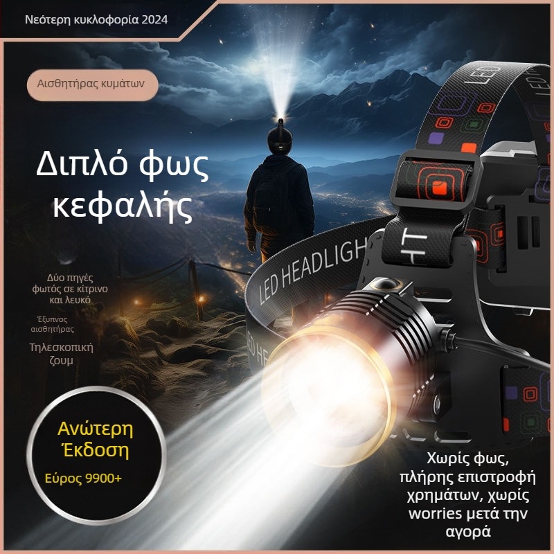 Κεφαλική λάμπα από κράμα αλουμινίου, επαναφορτιζόμενη, πηγή φωτός λέιζερ, εμβέλεια 200-500 m, χειροκίνητη λειτουργία