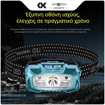 Φακός κεφαλής LED με επαναφορτιζόμενη αδιάβροχη κατασκευή, 5W LED, μπαταρία 650 mAh, εμβέλεια 100–200 m, αισθητήρας κυμάτων