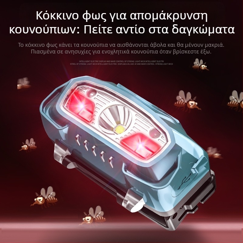 Φακός κεφαλής LED με επαναφορτιζόμενη αδιάβροχη κατασκευή, 5W LED, μπαταρία 650 mAh, εμβέλεια 100–200 m, αισθητήρας κυμάτων