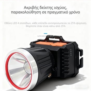Φακός κεφαλής LED, επαναφορτιζόμενη μπαταρία 2400 mAh, περιστροφή 360°, αδιάβροχος, εμβέλεια δέσμης 100–200 m