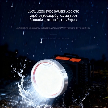 Φακός κεφαλής LED, επαναφορτιζόμενη μπαταρία 2400 mAh, περιστροφή 360°, αδιάβροχος, εμβέλεια δέσμης 100–200 m