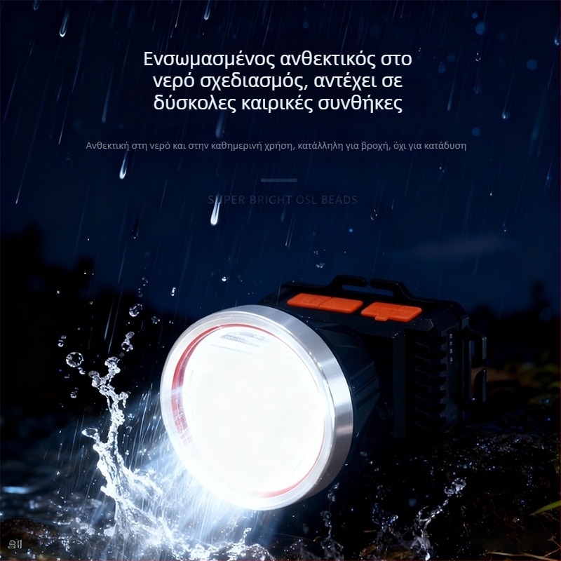 Φακός κεφαλής LED, επαναφορτιζόμενη μπαταρία 2400 mAh, περιστροφή 360°, αδιάβροχος, εμβέλεια δέσμης 100–200 m