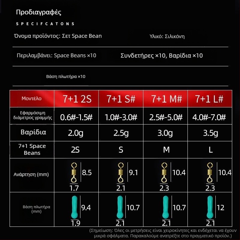 Κουτί με 10 σιλικονούχες Space Beads για το ψάρεμα, σετ 7+1, περιλαμβάνει δαχτυλίδι σε σχήμα οκτώ