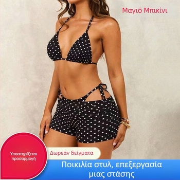 Μαύρο σετ μπικίνι με πουά σχέδιο, τιράντες με κορδάκια, επένδυση στο πάνω μέρος, τριών τεμαχίων