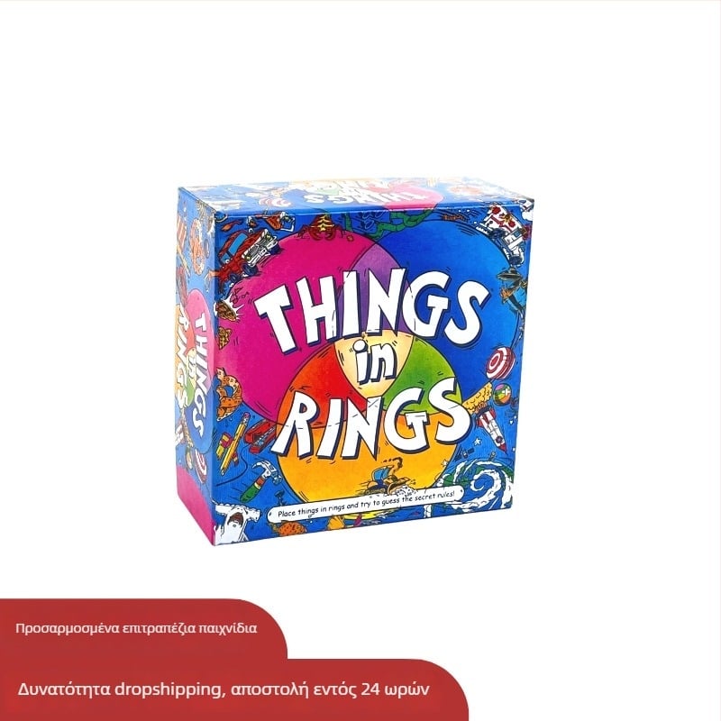 Things in Rings — επιτραπέζιο παιχνίδι λέξεων και αινίγματος για πάρτι, με κάρτες από χαρτί, για 2–6 παίκτες, 14+