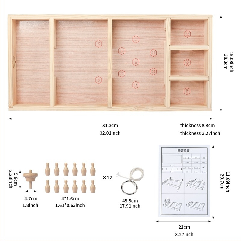 Ξύλινο ρετρό επιτραπέζιο παιχνίδι μπόουλινγκ με στροφή για οικογενειακές γιορτές - υλικό πεύκο, μάρκα DG-464, διαδραστικό, προάγει την επικοινωνία γονέα-παιδιού