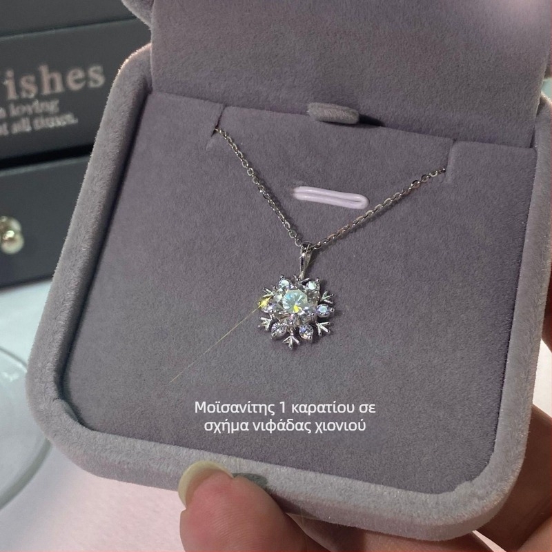 Κολιέ από 925 ασήμι με Moissanite σε σχήμα χιονονιφάδας, για γυναίκες, ελαφρύς πολυτελής σχεδιασμός, μήκος 41–50 cm