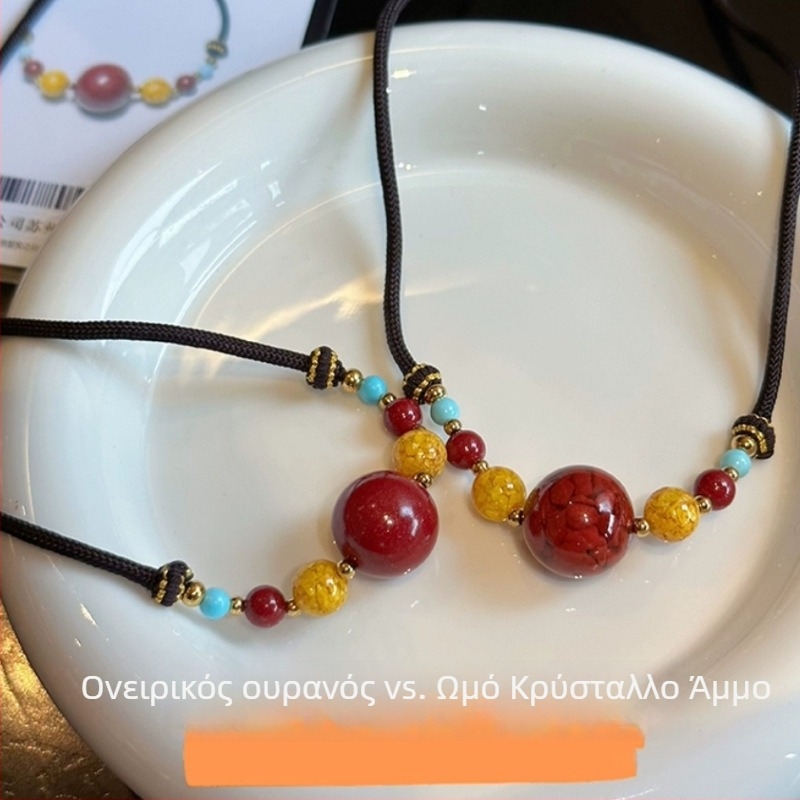 Κολιέ με φυσικό cinnabar, χειροποίητη αλυσίδα, μινιμαλιστικό ρετρό στυλ chinoiserie, χειμώνας 2024