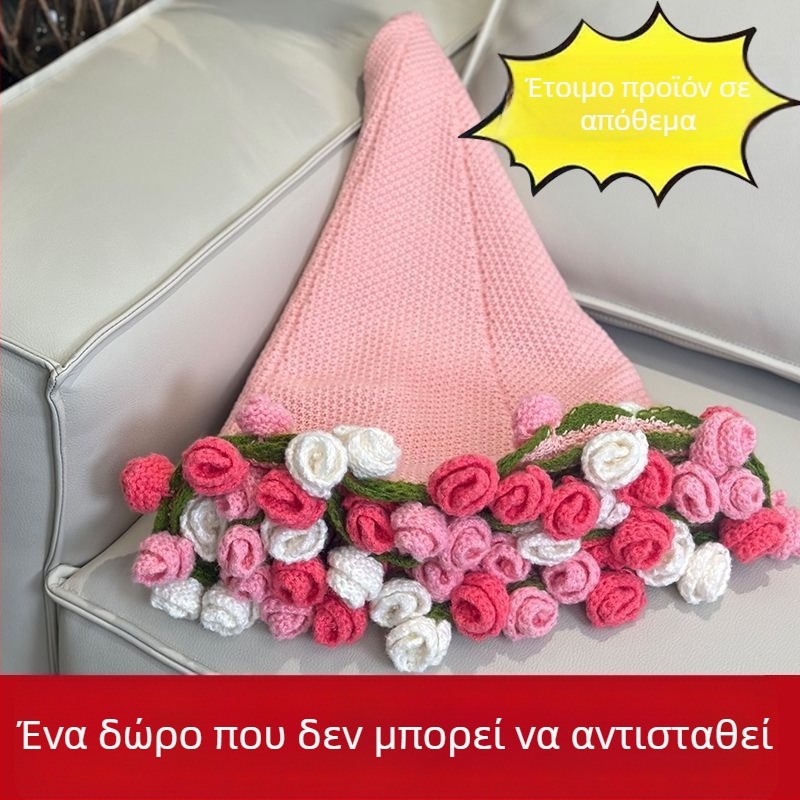 Χειροποίητη πλεκτή κουβέρτα με ανθοδέσμη από τριαντάφυλλα, μοτίβο φυτών και λουλουδιών, πολυεστέρας, κουβέρτα-πετσέτα, για όλες τις εποχές