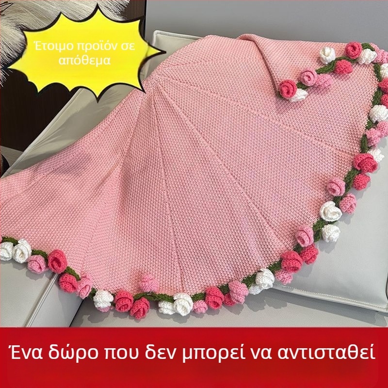 Χειροποίητη πλεκτή κουβέρτα με ανθοδέσμη από τριαντάφυλλα, μοτίβο φυτών και λουλουδιών, πολυεστέρας, κουβέρτα-πετσέτα, για όλες τις εποχές