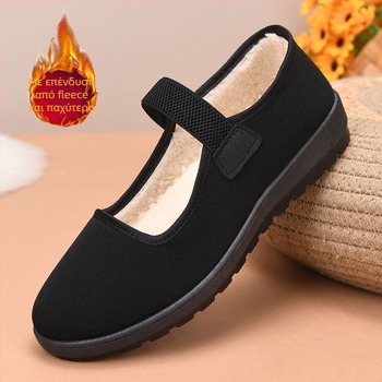 Γυναικεία παπούτσια από καμβά με επένδυση από συνθετικό βελούδο, δάχτυλο σε σχήμα ψαριού, κλείσιμο με ελαστική ταινία, εξωτερική σόλα PVC