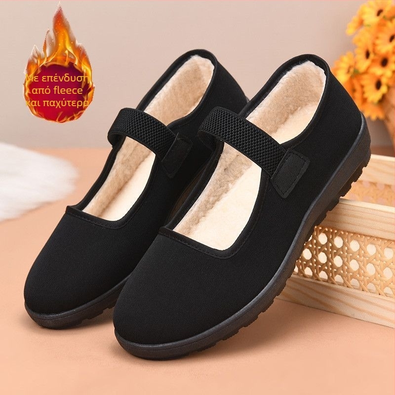 Γυναικεία παπούτσια από καμβά με επένδυση από συνθετικό βελούδο, δάχτυλο σε σχήμα ψαριού, κλείσιμο με ελαστική ταινία, εξωτερική σόλα PVC