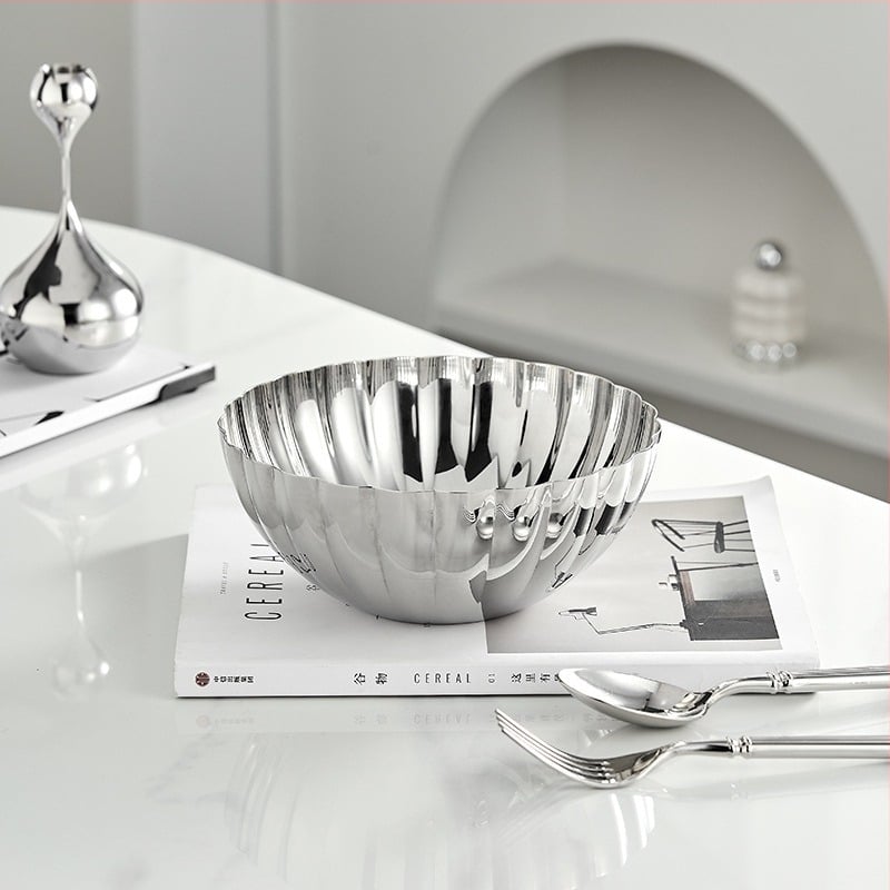 Δίσκος φρούτων από ανοξείδωτο χάλυβα 304, βαθύς, σκανδιναβικού στυλ, κυκλικού σχεδιασμού, επιφάνεια με καθρέφτη