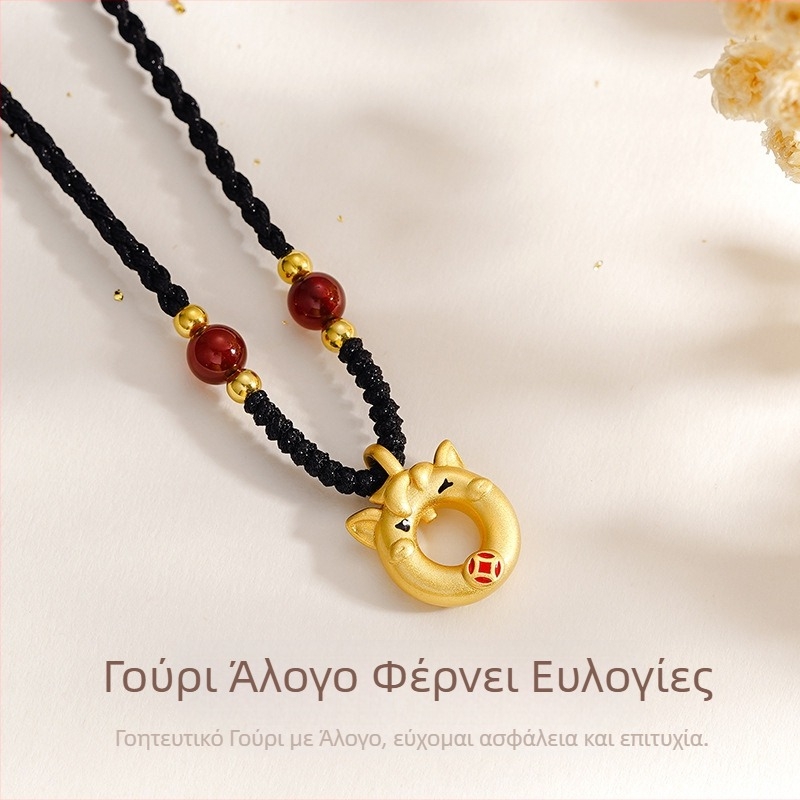 Τίτσι αυθεντικό κολιέ φυλαχτό με άλογο για γυναίκες, S925 ασήμι, κινέζικο στυλ ζωδιακού έτους Αλόγου, πλεγμένη μαύρη σκοινί-αλυσίδρα