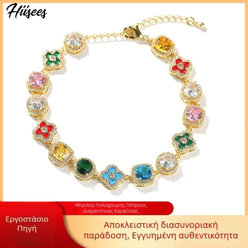 Hiisees βραχιόλι από χαλκό με πέτρες, γεωμετρικός σχεδιασμός και τετράφυλλο τριφύλλι