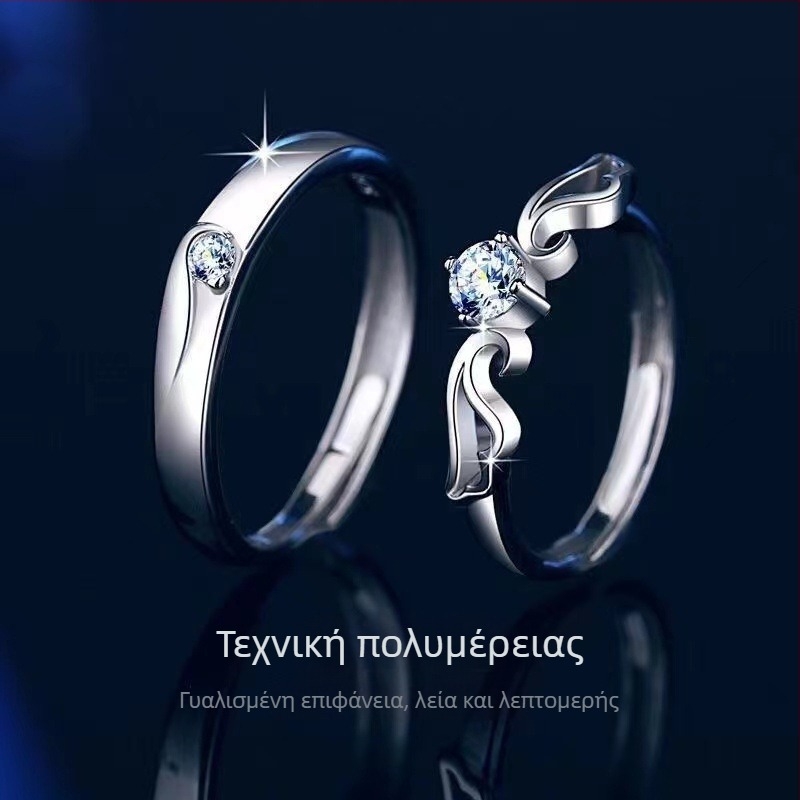 Ζευγάρι δαχτυλίδια με φτερά αγγέλου, μοισανίτης σε ασήμι S925, τεχνητός διαμαντής