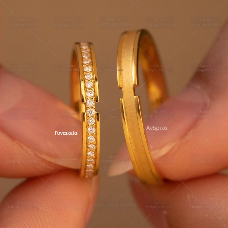 Δαχτυλίδι Moissanite με σειρά διαμαντιών για ζευγάρια – vintage επίχρυσο κράμα, μινιμαλιστικός απλός σχεδιασμός