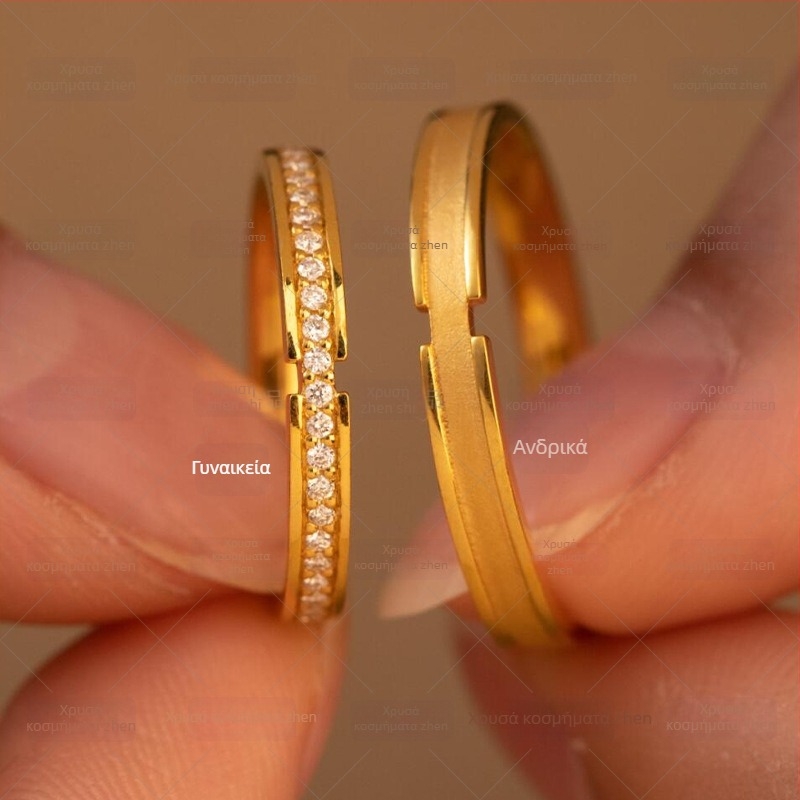 Δαχτυλίδι Moissanite με σειρά διαμαντιών για ζευγάρια – vintage επίχρυσο κράμα, μινιμαλιστικός απλός σχεδιασμός