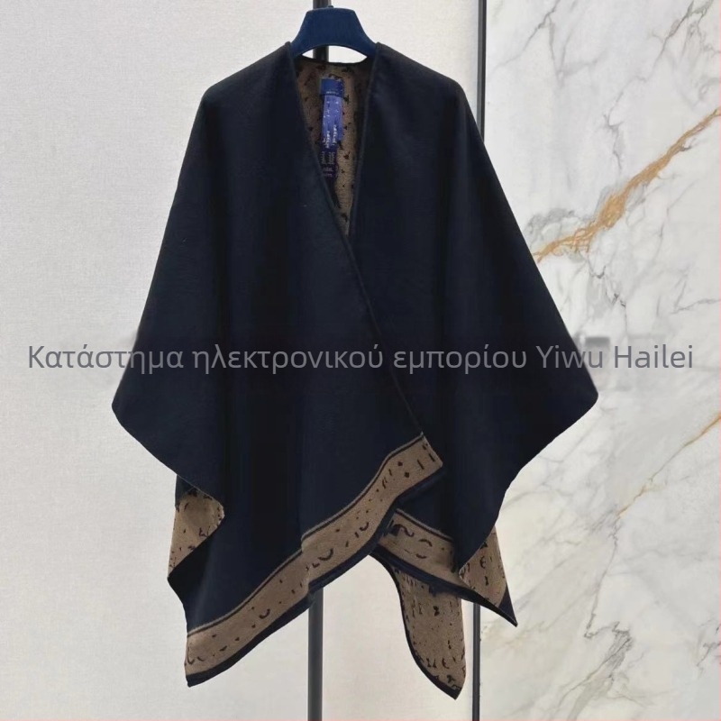 Γυναικείο shawl-παλτό, διπλής όψης, παχυνμένο συνθετικό κασμίρι, τζακάρντ ύφανση, γεωμετρικό μοτίβο, χειμερινά ενδύματα