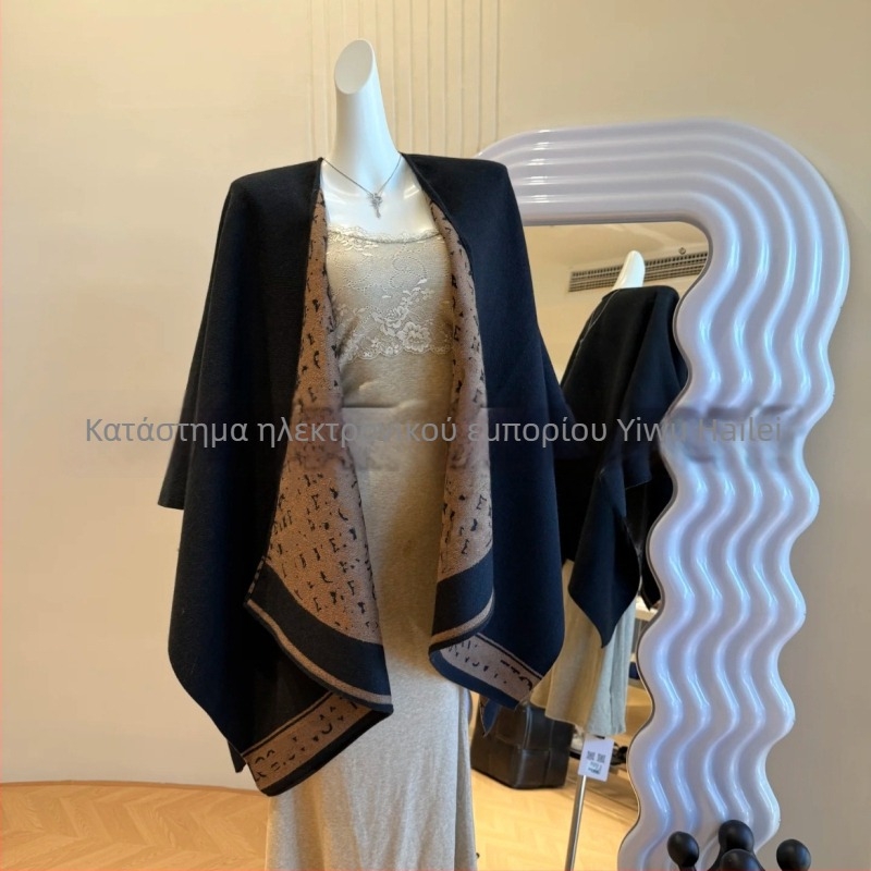 Γυναικείο shawl-παλτό, διπλής όψης, παχυνμένο συνθετικό κασμίρι, τζακάρντ ύφανση, γεωμετρικό μοτίβο, χειμερινά ενδύματα