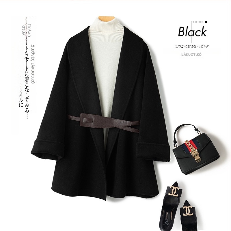 Γυναικείο παλτό tweed με κάπα στυλ, μονόχρωμο σχέδιο, μεσαίο μήκος, μακριά μανίκια, περιεκτικότητα μαλλιού 50-70%