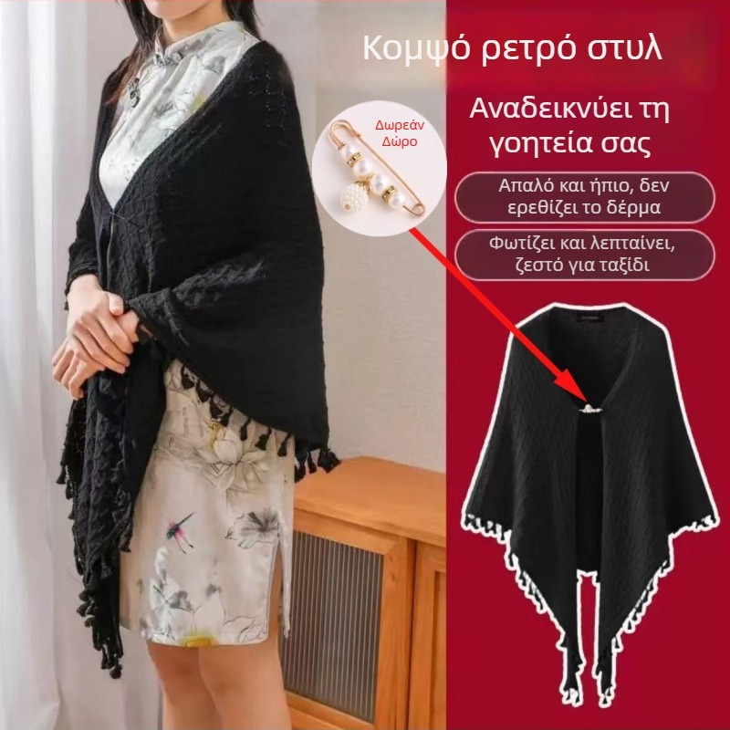 Γυναικείο πλεκτό γιλέκο-καρντάγκαν σε ρετρό εθνοτικό στυλ με διάτρητο μοτίβο, σχέδιο τρίγωνου φουλαριού, βασικό νήμα, κατάλληλο για χειμώνα, άνοιξη και φθινόπωρο