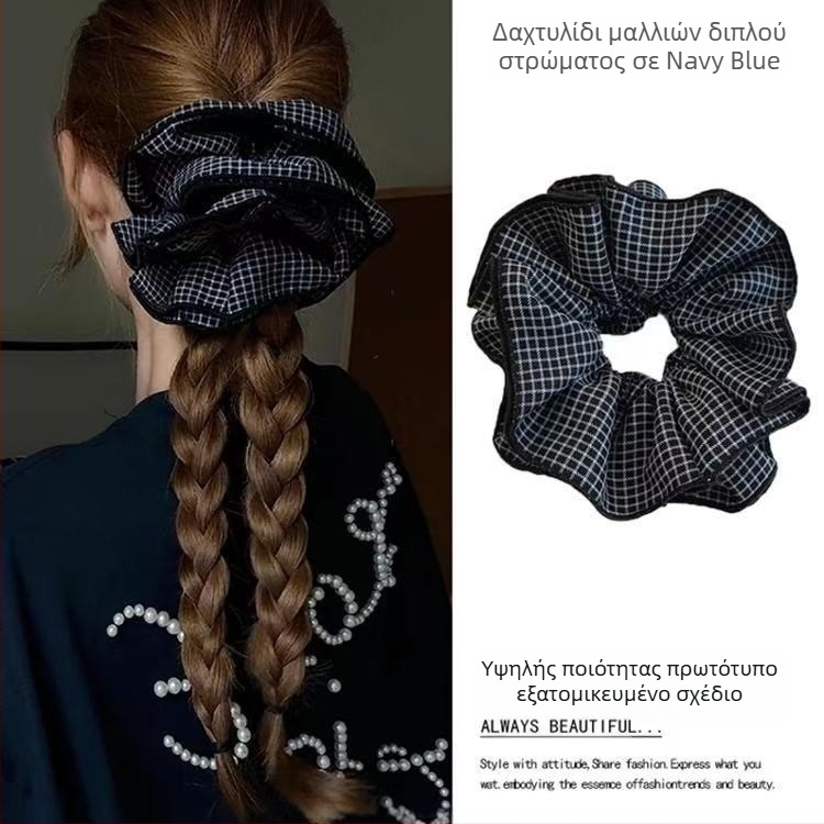 Λαστιχάκι μαλλιών με καρό μοτίβο, διπλό στρώμα, oversized, ύφασμα, στυλ Ιαπωνίας/Κορέας
