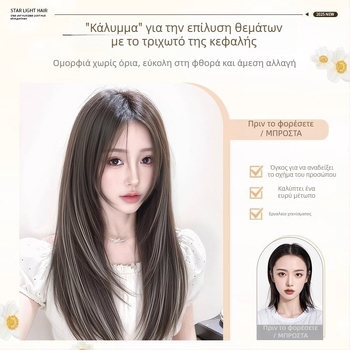 Γυναικεία περούκα, πλήρης κάλυψη κεφαλής χωρίς καπάκι, αύξηση στην κορυφή, μακριά ίσια μαλλιά, όγκος, απαλές ανταύγειες χωρίς ραφές