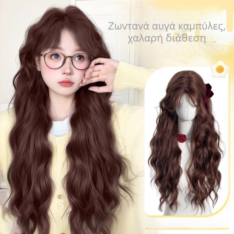 Περούκα Kenny wig με θερμοανθεκτικό συνθετικό ινί; μακριά σγουρά μαλλιά με διαγώνια φράντζα; υφή υδάτινων κυμάτων