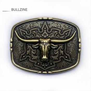 BULLZINE Αγκράφα ζώνης από κράμα ψευδάργύρου με κεφαλή αγελάδας, 03752-2, Δυτικό στυλ καουμπόι, λεία αγκράφα, επικάλυψη με αρχατικό κασσίτερο