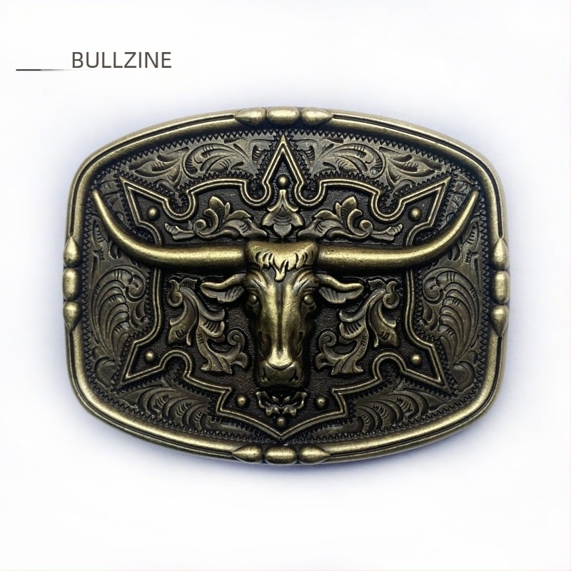 BULLZINE Αγκράφα ζώνης από κράμα ψευδάργύρου με κεφαλή αγελάδας, 03752-2, Δυτικό στυλ καουμπόι, λεία αγκράφα, επικάλυψη με αρχατικό κασσίτερο