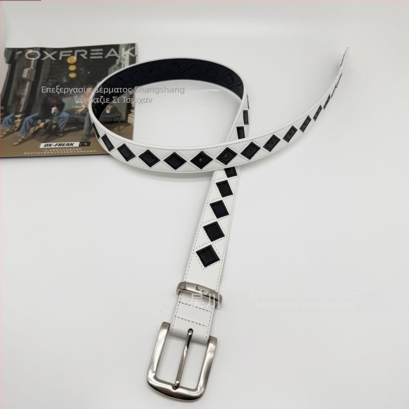Ζώνη από γνήσιο δέρμα με μοτίβο checkerboard; αγκράμα από κράμα; κούμπωμα με ακίδα; unisex, IN στιλ, προσωπική τάση; Καλοκαίρι 2024