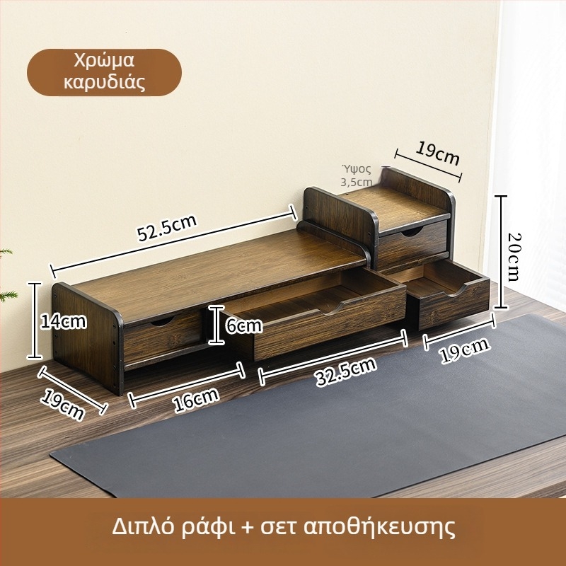 Διόροφος βάσης οθόνης υπολογιστή από μπαμπού με ράφι αποθήκευσης γραφείου, στερεώνεται με βίδες