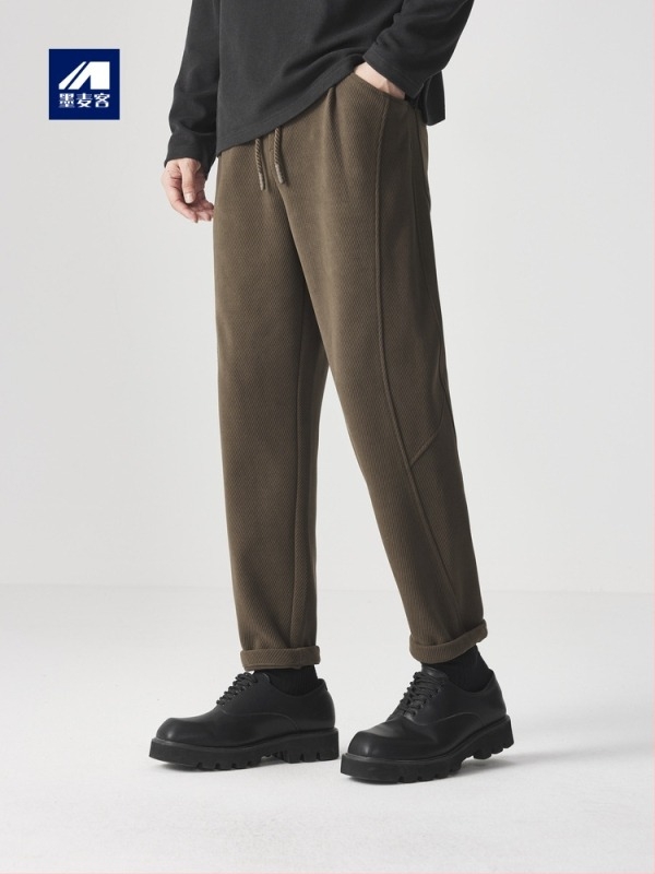 Ανδρικά casual παντελόνια με fleece επένδυση και υφή twill, μεσαία μέση, κορδόνι πρόσδεσης, πολυεστερικό ύφασμα, Χειμώνας 2025