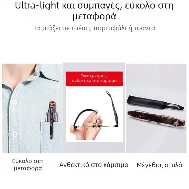 Συρόμενα γυαλιά ανάγνωσης χωρίς πλαίσιο με περιστρεφόμενους ultra‑ελαφρείς φακούς – ακρυλικοί φακοί, τετράγωνο σχήμα για κυκλικό πρόσωπο, σκελετός από κράμα αλουμινίου-μαγνησίου και TR90, κυκλοφόρησε φθινόπωρο 2022