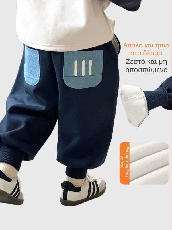 Παιδικά παντελόνια για αγόρια με φλις εσωτερική επένδυση, χειμερινά, κορεατικού στυλ, ύφασμα Ollie velvet, 62.8% βαμβάκι / 37.2% πολυεστέρας, μέση με ελαστικό ζώνη