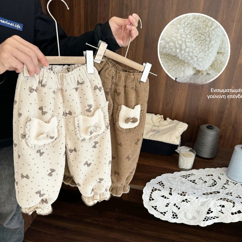 Κοριτσίστικα παντελόνια από corduroy με fleece επένδυση, 70–80% πολυεστέρας, υψηλή μέση, floral μοτίβο, χειμώνας