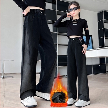 Κοριτσίστικα παντελόνια από denim, φαρδιά γραμμή με φλίς επένδυση, μεσαία μέση, ελαστική ζώνη, κορεατικό στυλ, 65% βαμβάκι