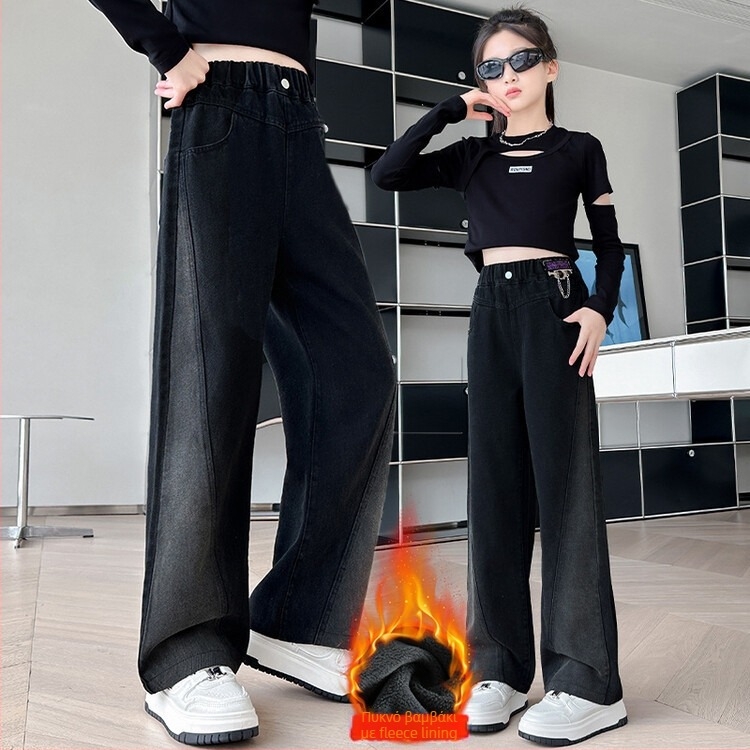 Κοριτσίστικα παντελόνια από denim, φαρδιά γραμμή με φλίς επένδυση, μεσαία μέση, ελαστική ζώνη, κορεατικό στυλ, 65% βαμβάκι