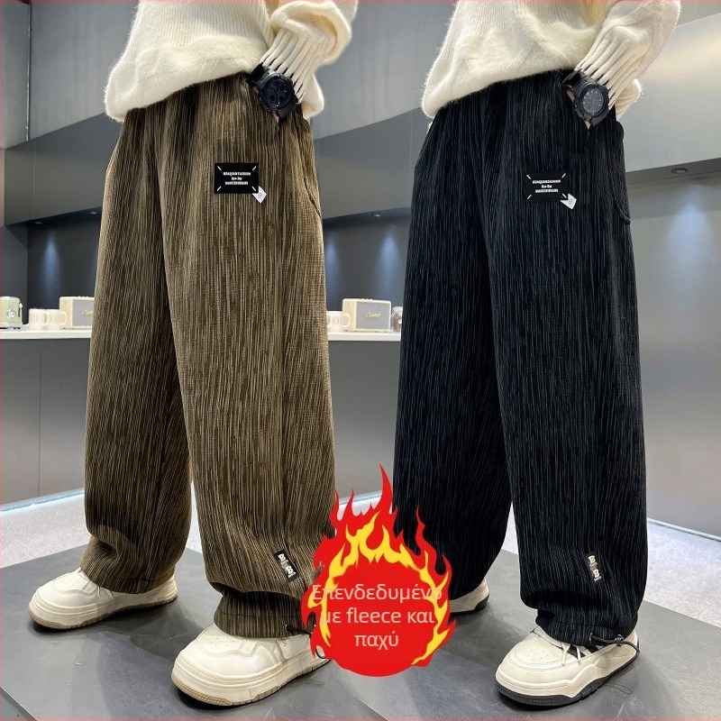 Χειμερινά παντελόνια για αγόρια με fleece επένδυση, ζεστά και παχιά, κορεατικού στυλ drape, χαλαρά αθλητικά παντελόνια με ευρύ πανί