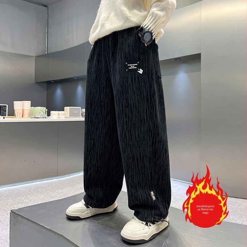 Χειμερινά παντελόνια για αγόρια με fleece επένδυση, ζεστά και παχιά, κορεατικού στυλ drape, χαλαρά αθλητικά παντελόνια με ευρύ πανί