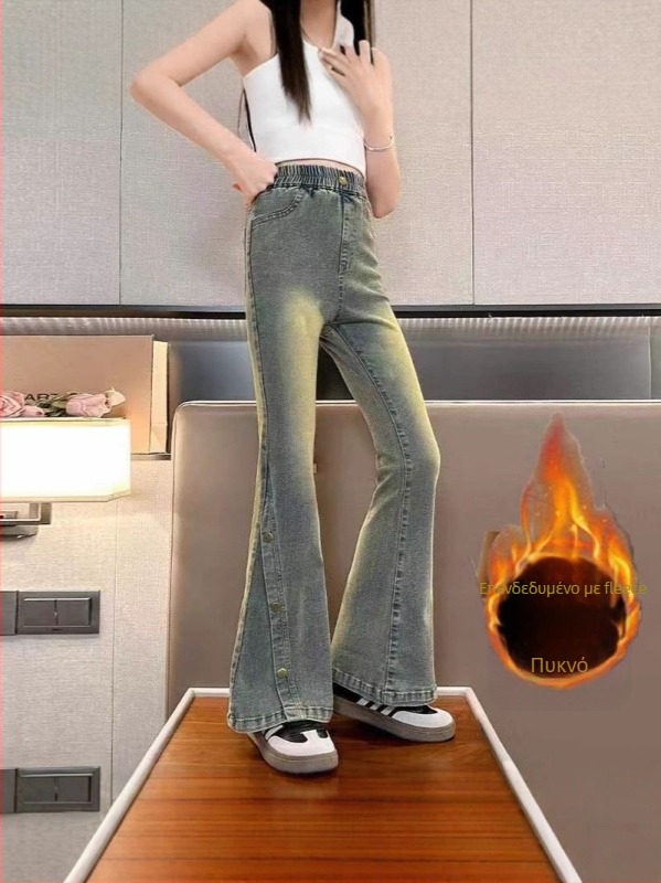 Παιδικά τζιν από denim με επένδυση φλίς για τον χειμώνα, κορεατικού στυλ φλάερ, ύφασμα με πάνω από 80% βαμβάκι, μεσαία μέση με ελαστικό ζωνάρι