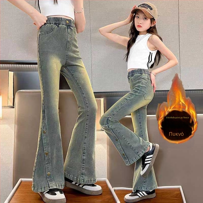 Παιδικά τζιν από denim με επένδυση φλίς για τον χειμώνα, κορεατικού στυλ φλάερ, ύφασμα με πάνω από 80% βαμβάκι, μεσαία μέση με ελαστικό ζωνάρι