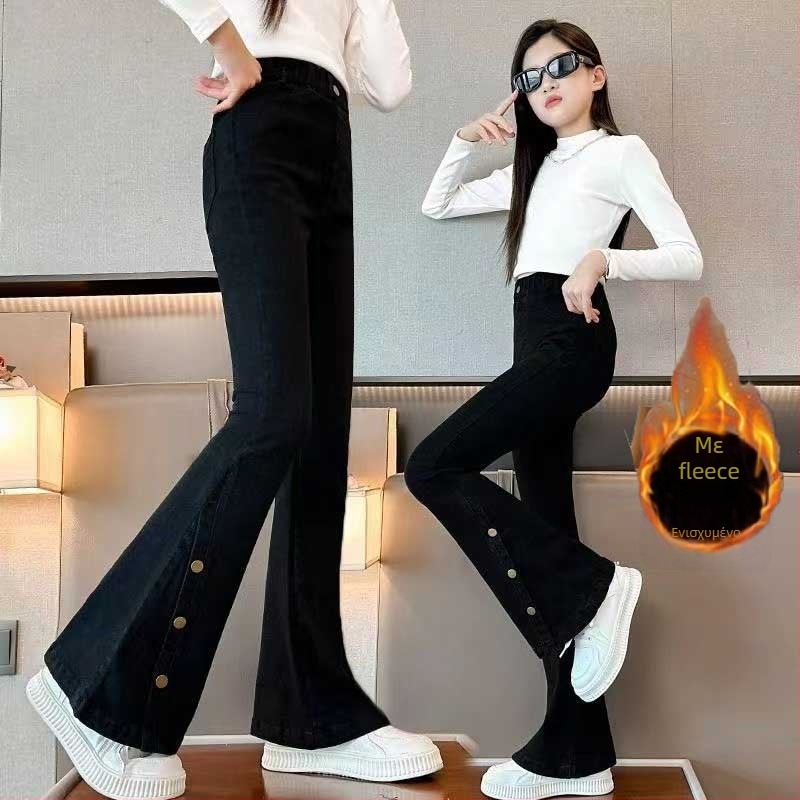 Παιδικά τζιν από denim με επένδυση φλίς για τον χειμώνα, κορεατικού στυλ φλάερ, ύφασμα με πάνω από 80% βαμβάκι, μεσαία μέση με ελαστικό ζωνάρι